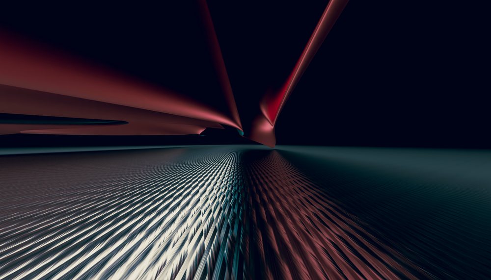 A digital abstract composition featuring red streaks of light and wave-like textured metallic surface on a dark background.