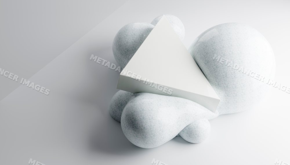 A white triangular prism resting on textured spheres in a 3d rendering