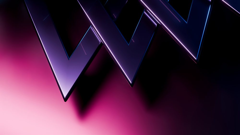Metallic triangular shapes with glowing edges on a purple and pink gradient dark background.