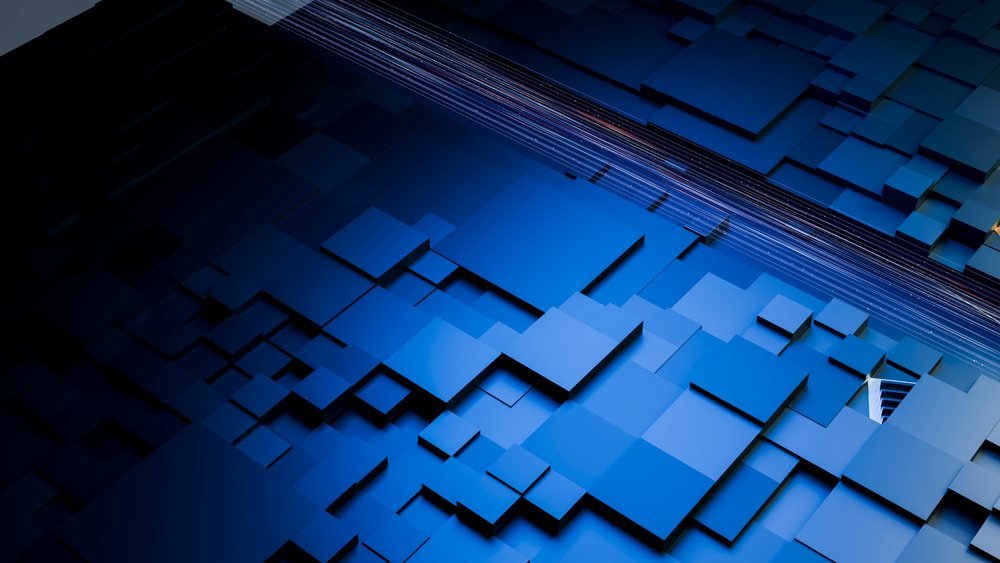 Blue three-dimensional cubes arranged in an abstract geometric pattern in digital art style.