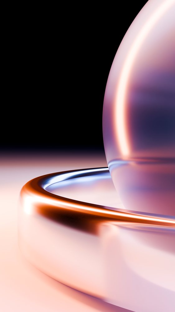 Abstract digital illustration of a shiny metallic sphere resting on a reflective metal ring with glowing pink and orange highlights.