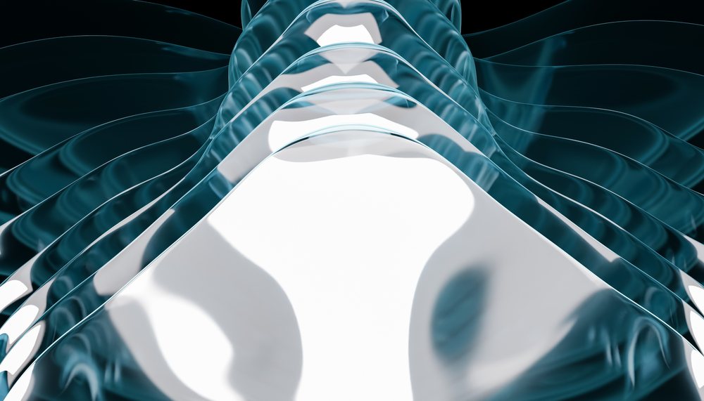 Abstract digital render showing fluid blue transparent shapes with wavy, flowing curves and reflective surfaces.