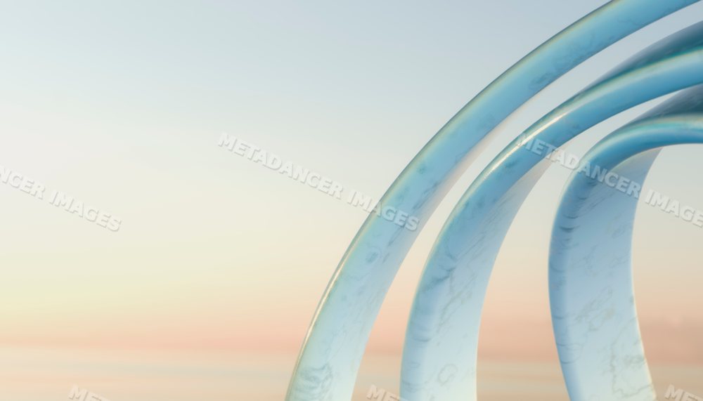 Digital rendering of large curved blue marble-textured arches