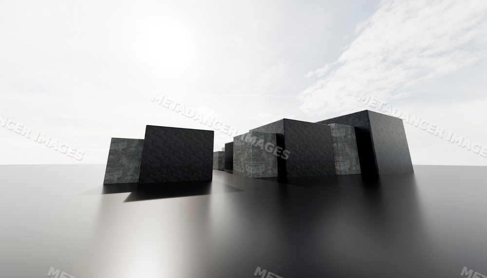 Abstract digital rendering of black and gray blocks