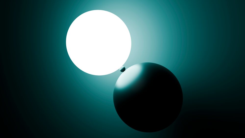 Three smooth, reflective spheres of different sizes including a glowing white sphere lighting and casting shadow on a largest dark sphere against a gradient teal background.