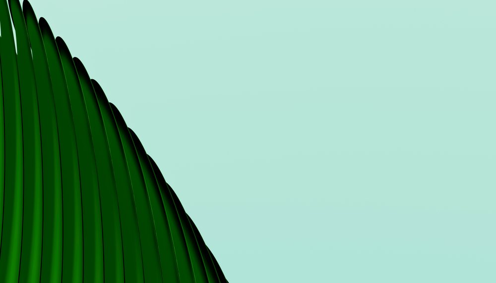 Abstract green curved blades form a flowing wave-like pattern on a pale blue background with a smooth surface.