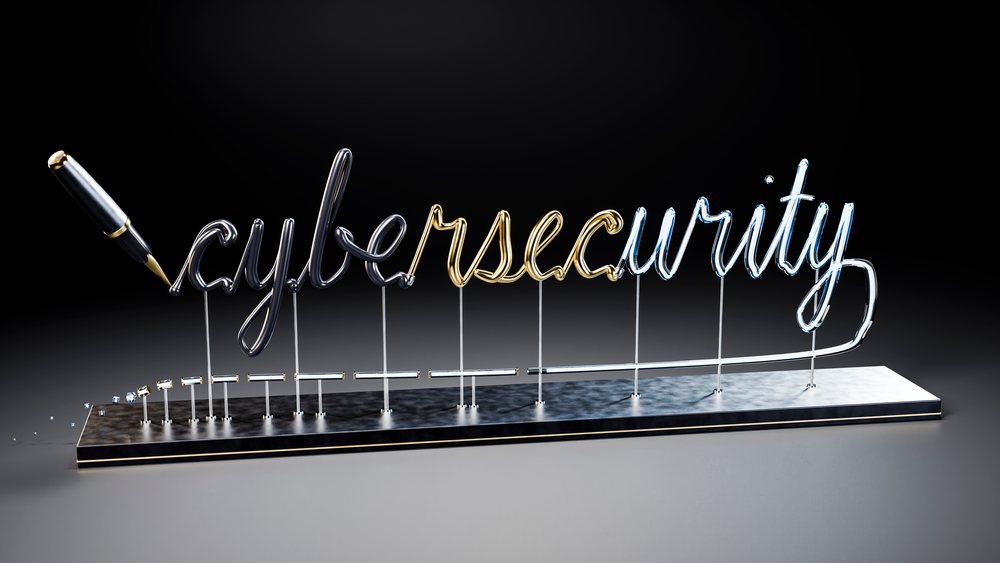 Modern metallic and glass sculpture spells cybersecurity with a pen positioned as if writing the script on a dark background.