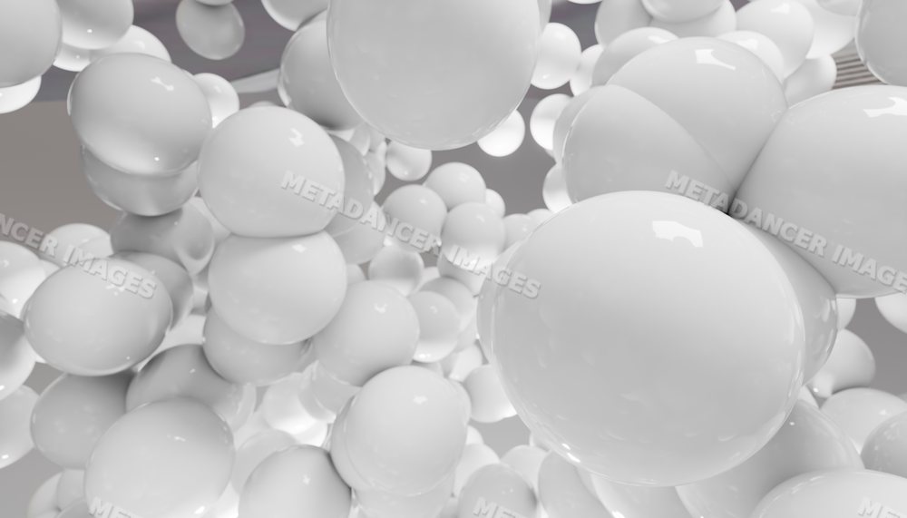 Glossy white 3d spheres floating in an abstract composition