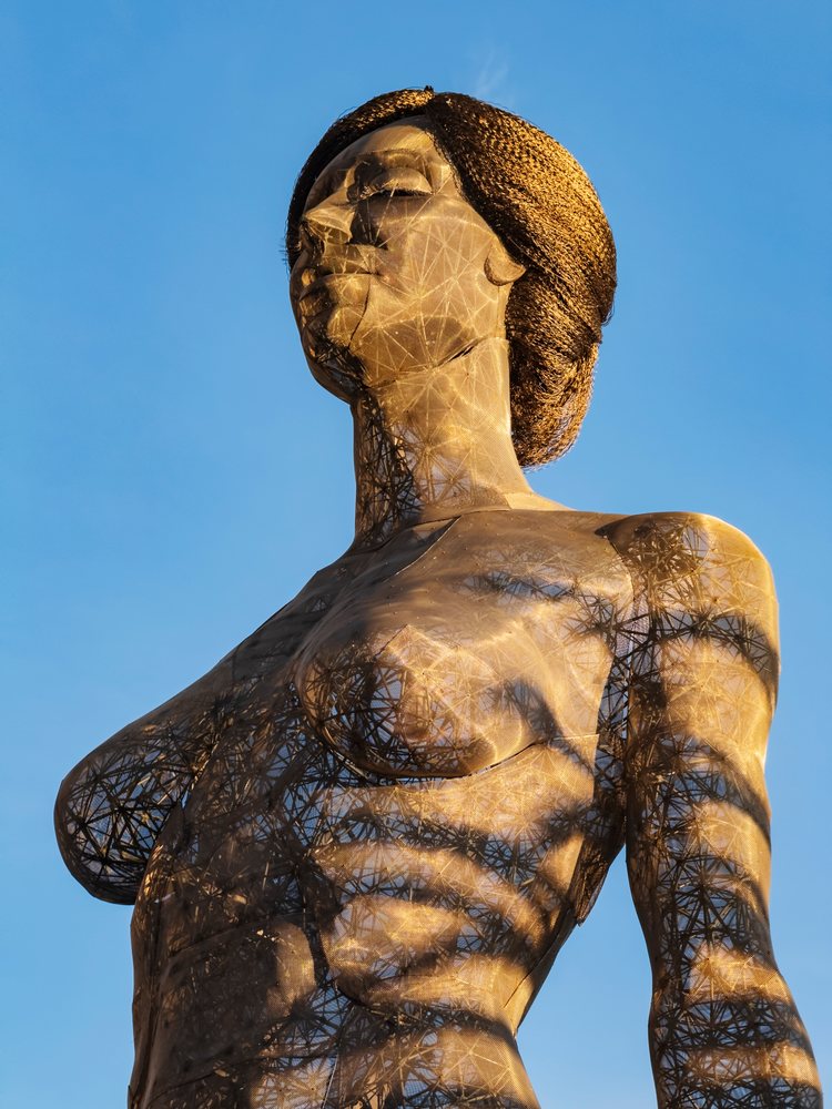 The R-evolution statue by Marco Cochrane stands outdoors, made of steel mesh with sunlight casting shadows on the sculpture, landscape, cityscape, city life, San Francisco, California, USA.