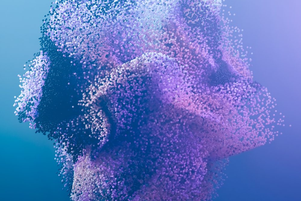 Digital abstract render of floating purple particles forming a dynamic shape on a blue gradient background.