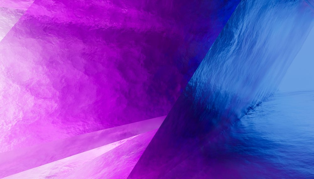 Abstract modern digital artwork featuring glossy geometric shapes in purple and blue with a reflective texture.
