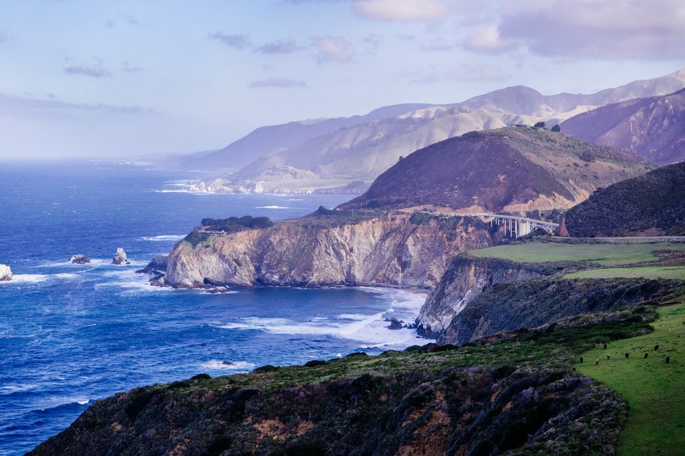 Bixby Bridge spans a rocky coastal canyon near rolling hills and grazing cattle along California's Pacific coastline, USA.