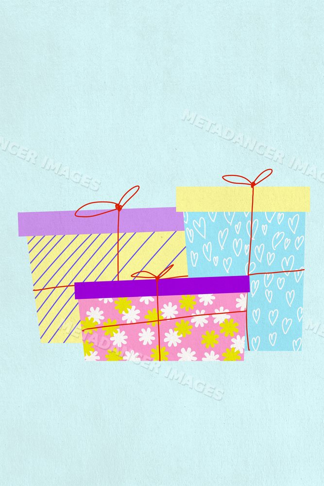 Illustration of three colorful wrapped gift boxes with decorative