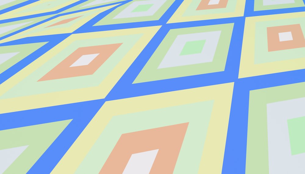 Pattern of colorful geometric diamond shapes intersected by blue lines on a flat surface.