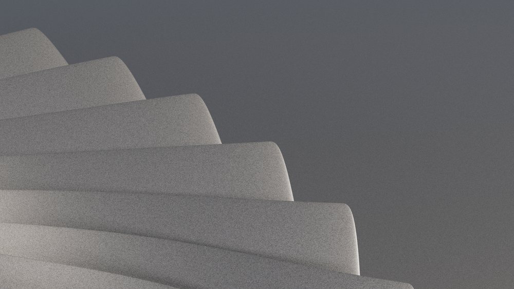 Abstract modern sculpture with curved shapes and layered structure in a minimalist gray studio setting.