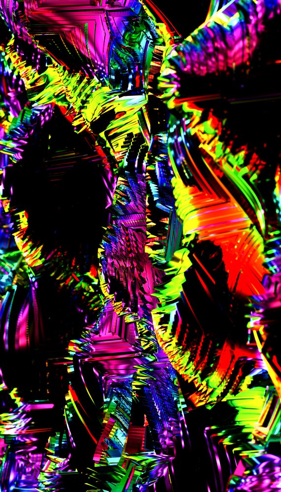 Colorful abstract digital art with vibrant geometric patterns and dynamic neon lights creating a glitch effect.