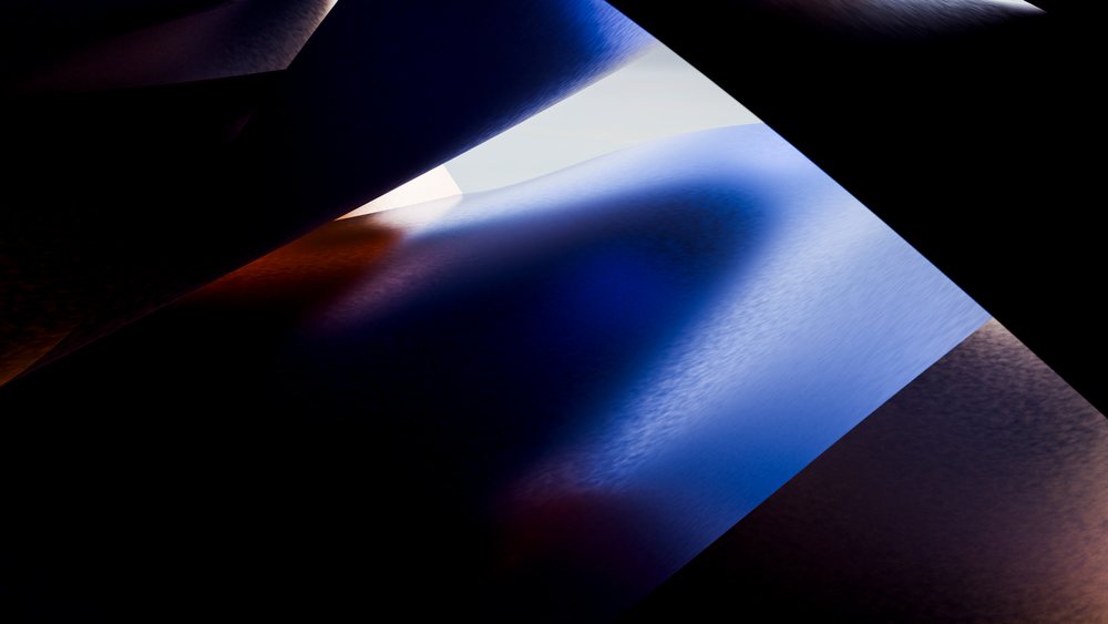 Digital abstract art displaying flowing blue and dark curved shapes with layered shadows and smooth gradients.