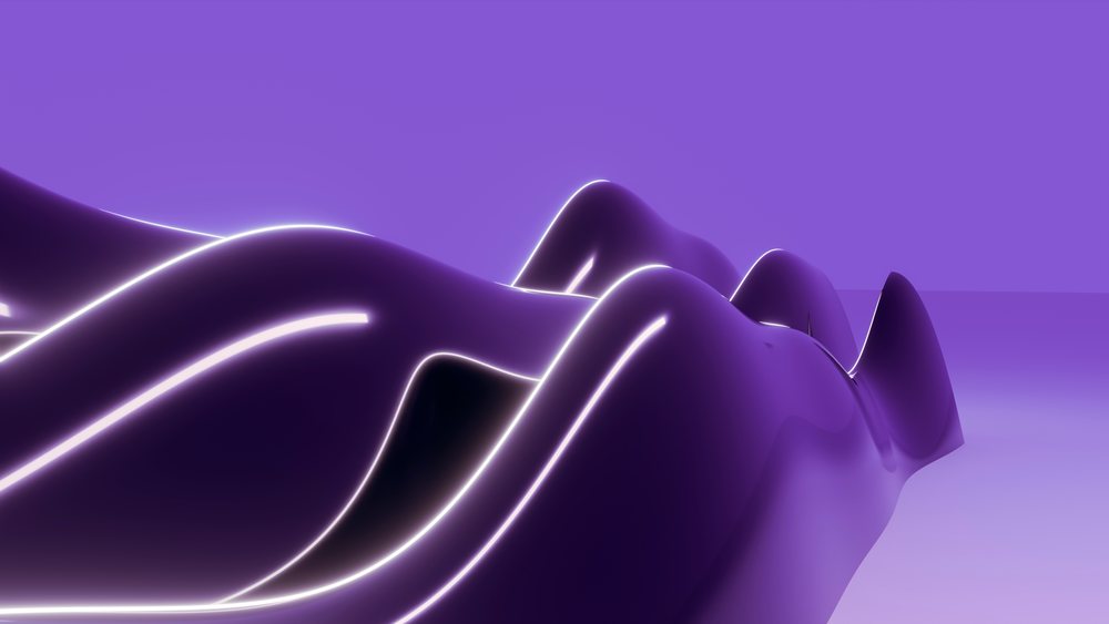 Abstract purple fluid shapes with glowing white edges form a smooth futuristic 3D digital art scene.