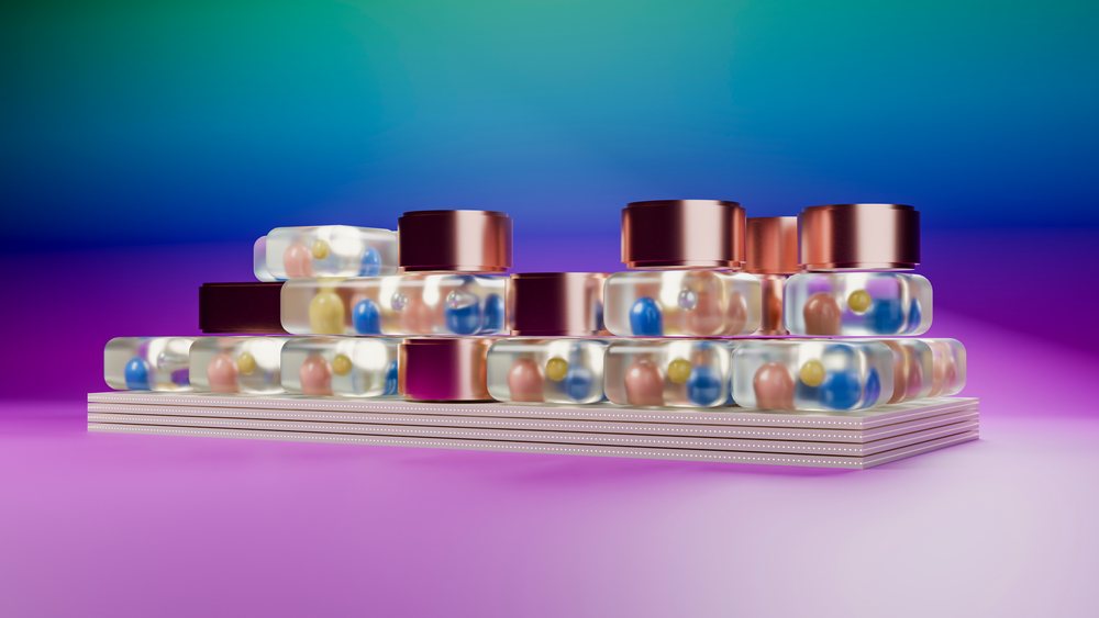 3D illustration of stacked transparent capsules containing multicolored spheres with shiny metallic lids against a pink-purple gradient background.