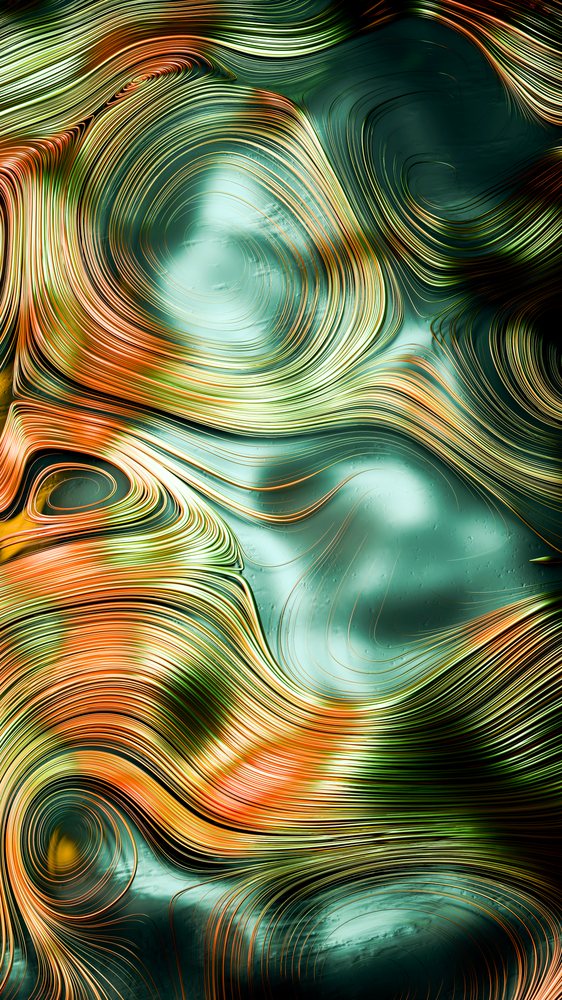 Abstract digital artwork featuring swirling flowing lines and vibrant green, orange, and bronze wave patterns.