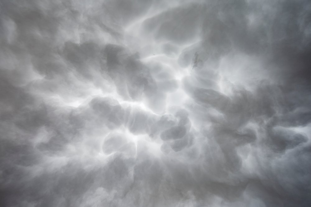 Mammatus cloud formations create a dramatic stormy sky over Fleming in Tornado Alley of the Great Plains, Storm Chasing, Colorado, USA.