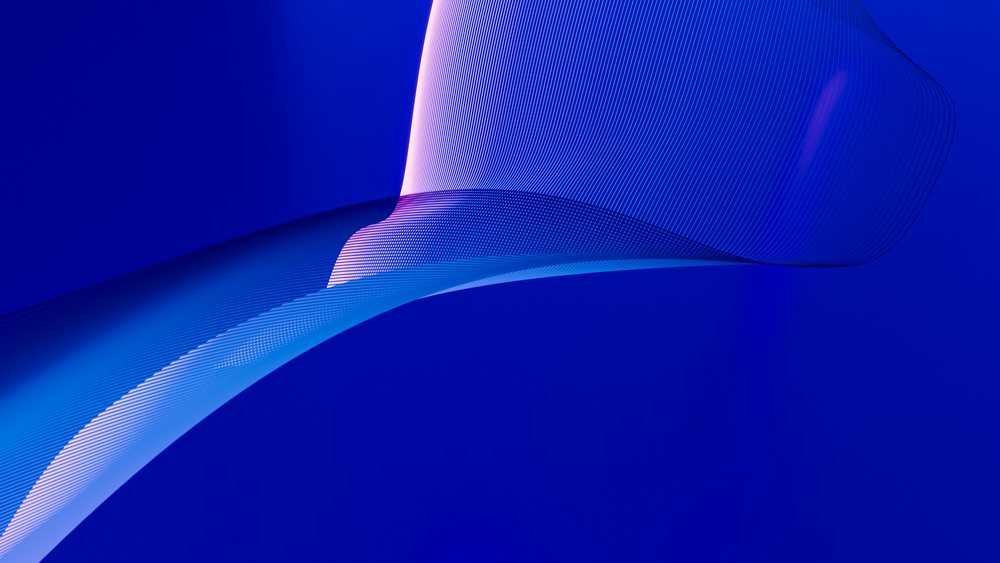 Smooth blue curved lines and flowing ribbon shapes create a dynamic digital abstract art background.