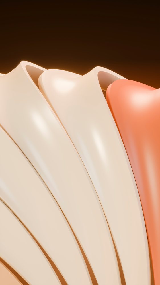Glossy, smooth digital sculpture featuring curved beige and orange shapes in a minimalist abstract design.