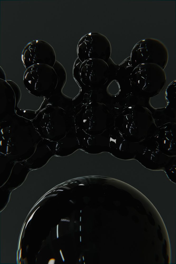 Black glossy spheres with reflective surfaces form interconnected abstract shapes against a dark background.