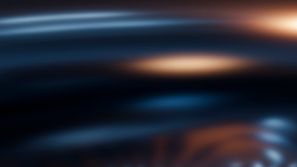 Abstract digital illustration of flowing dark shapes with glowing blue and orange light highlights and soft gradients.