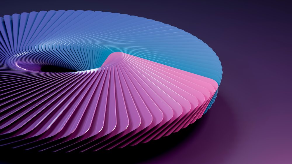 Abstract spiral sculpture featuring flowing blue and pink curved elements against a dark purple background.