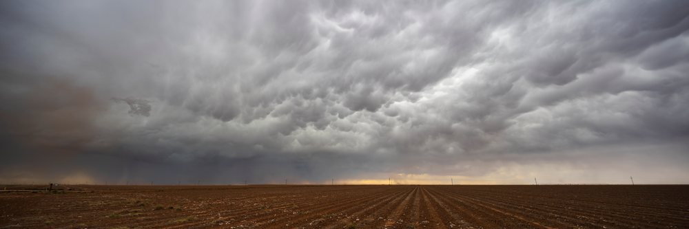 Mammatus Clouds form over a plowed agricultural field, within the USA Tornado Alley and Great Plains region, Storm Chasing, Weather, Environment, Floydada, Texas.