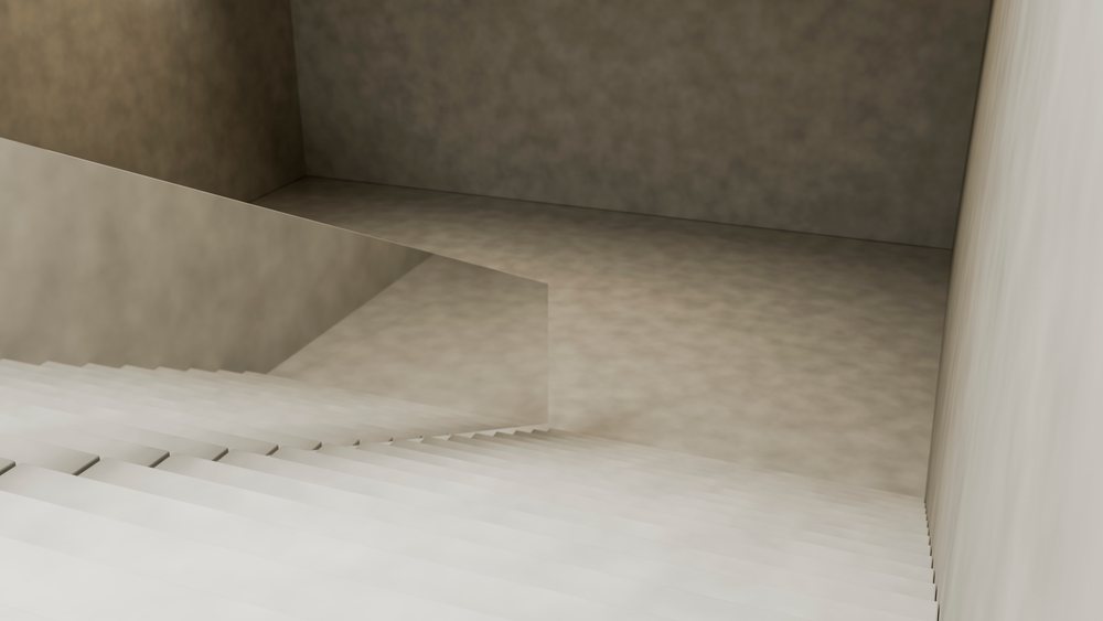 White minimalist staircase with glass railing in a modern interior and contemporary design setting.