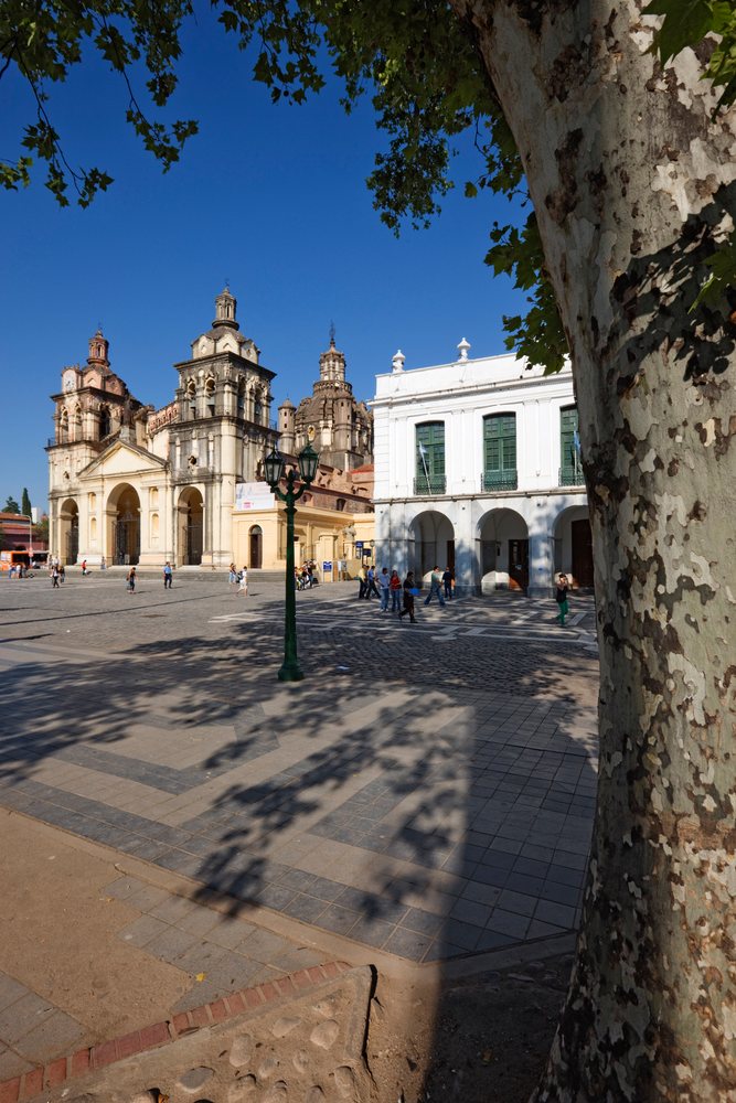 Historic Cordoba Cathedral with domes and arches, Argentina plaza.