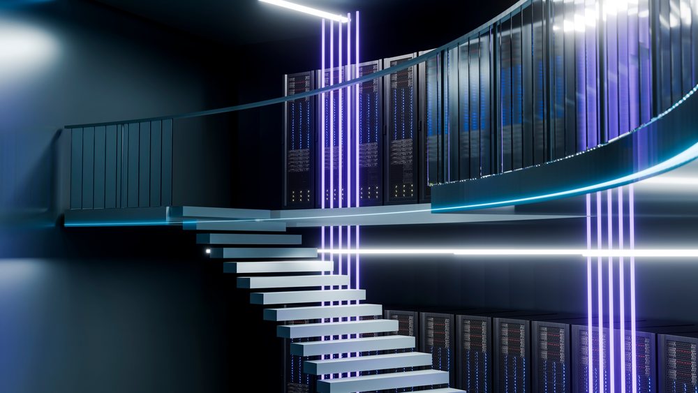 Floating stairs lead to multiple server racks.
