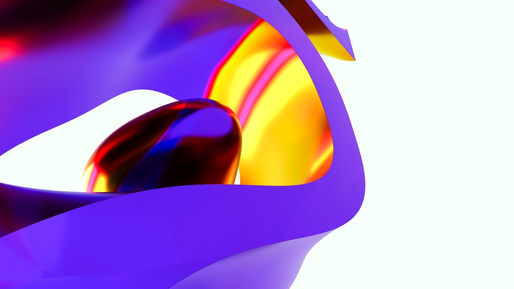 abstract 3d render of colorful fluid shapes with shiny surfaces in purple, yellow, and red colors.