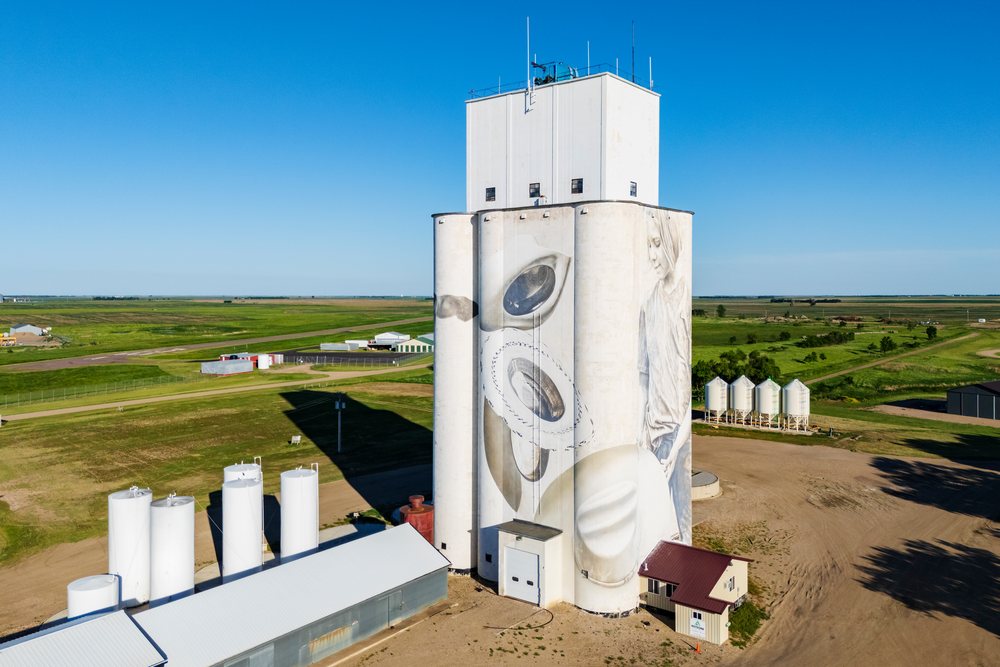 Grain elevators featuring large mural artwork stand in a rural agricultural landscape, South Dakota under a clear blue sky, Storm Chasing, Weather, Environmental, Faulkton, USA.