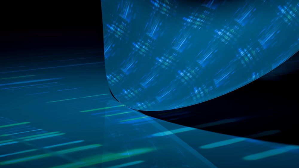 Abstract blue digital light patterns with curved shapes form a futuristic technological design.