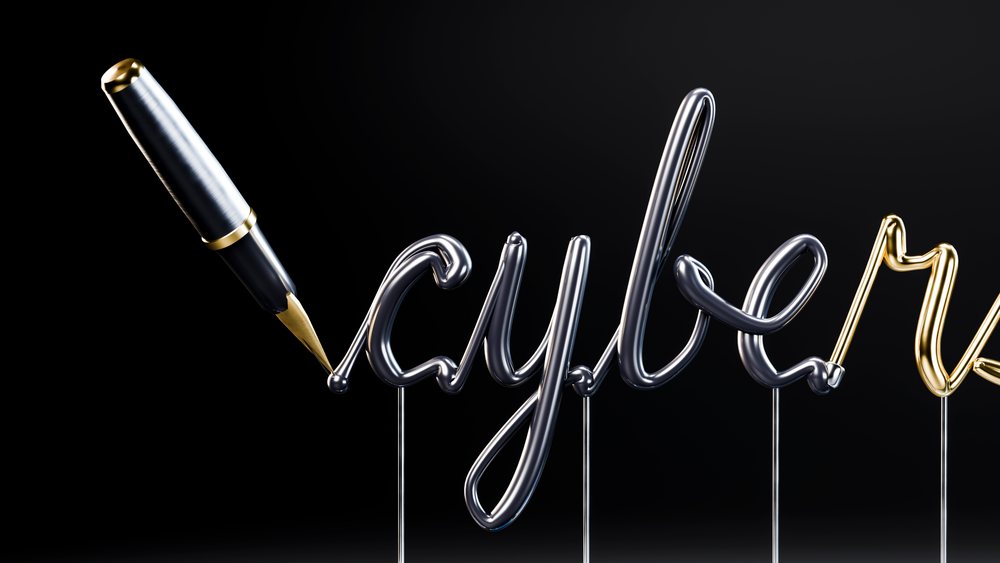 Fountain pen tip writing a shiny silver and gold metallic script word on a dark background.