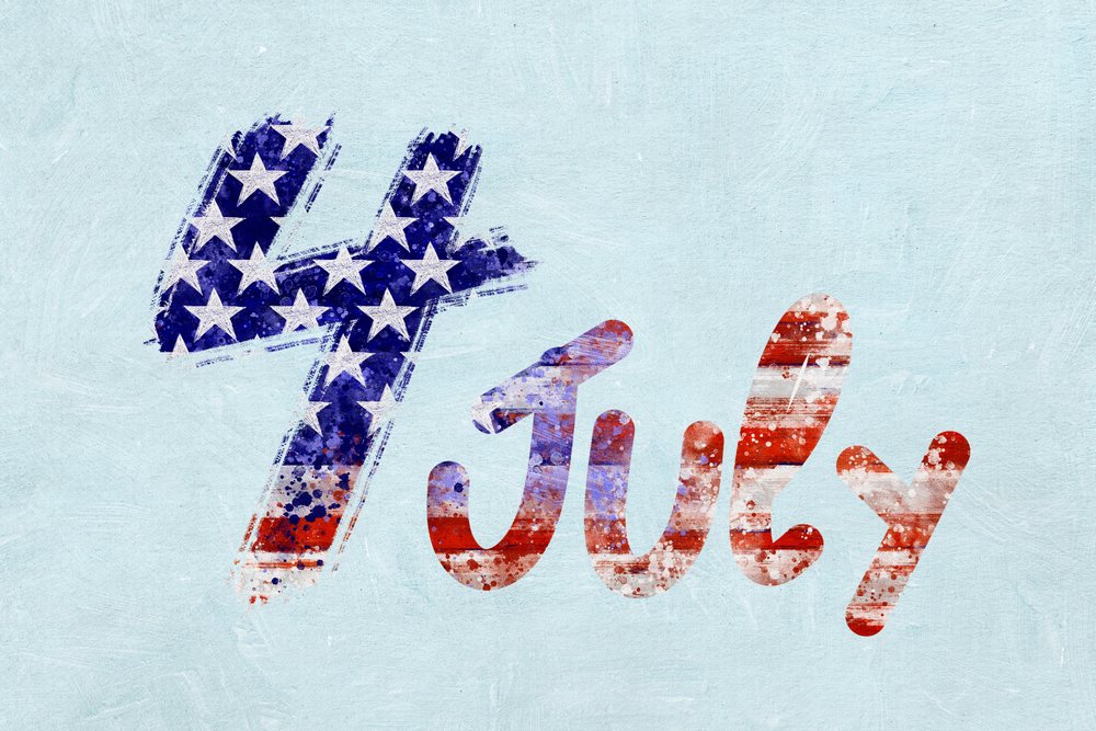 Text illustrating a summer national holiday painted with red, white, and blue colors and star shapes on a light blue textured background symbolizing a patriotic celebration, illustration.