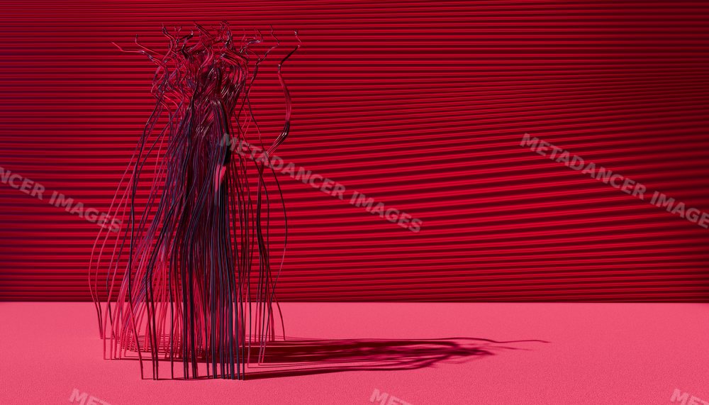 Abstract metal wire sculpture on pink surface with red background