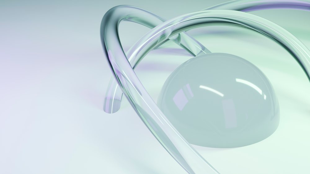 Abstract digital 3D rendering featuring a transparent glass ring intertwined with a reflective sphere against a soft gradient background.