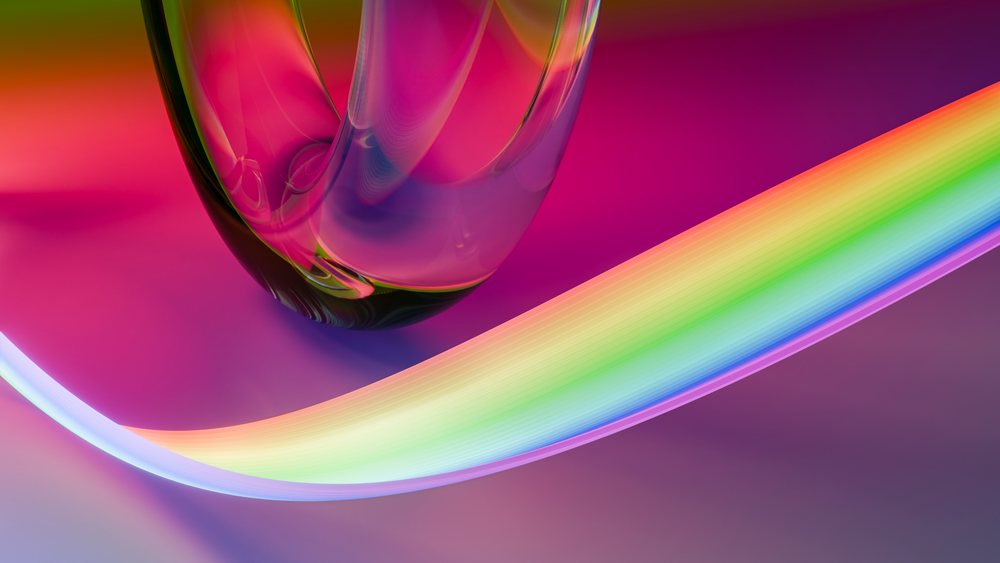 Abstract digital illustration of a transparent curved glass form alongside a flowing rainbow light wave on a vibrant colorful background.
