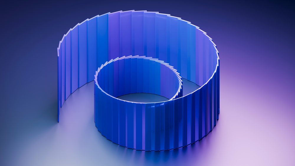 Abstract blue spiral sculpture composed of curved panels against a purple gradient background in digital art style.