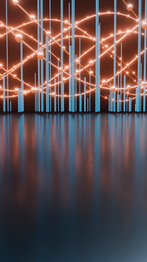 3D digital abstract illustration featuring vertical blue bars and glowing orange spheres with light trails reflected on a shiny surface.