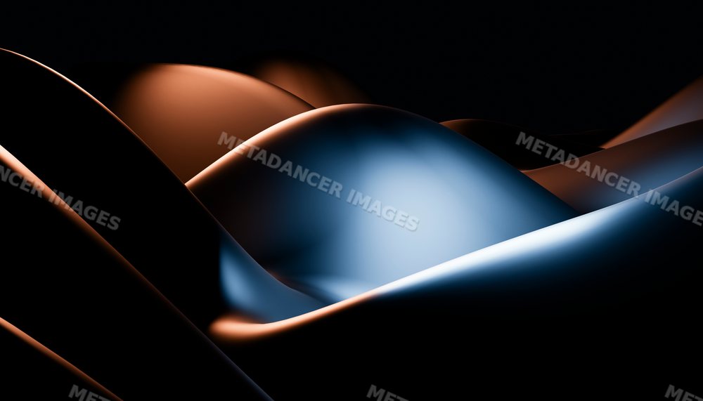 Abstract smooth blue and orange curved surfaces illuminated on dark