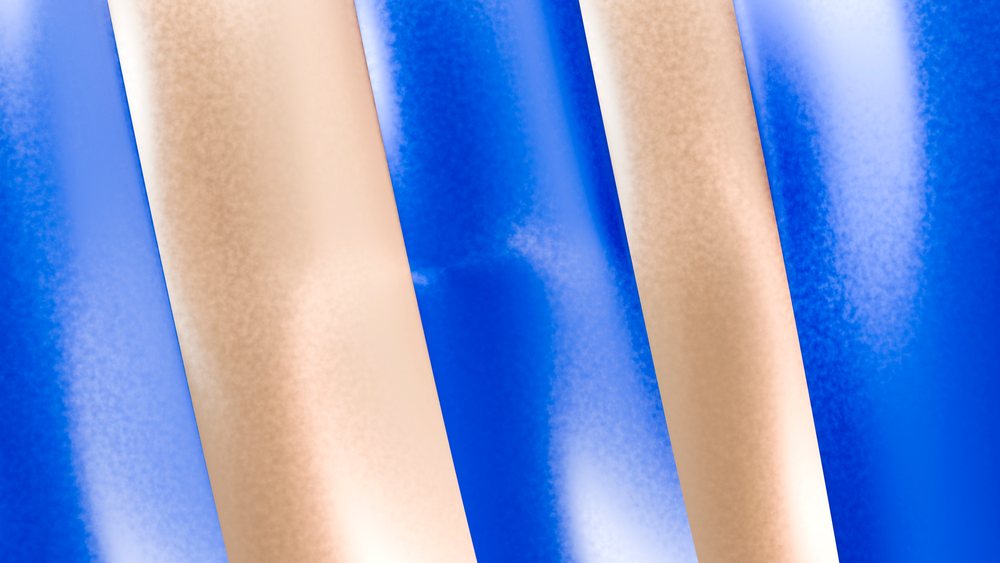 Abstract digital artwork of smooth vertical beige and blue stripes with vibrant gradient colors and shiny texture.