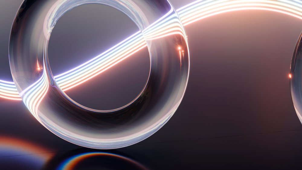 Two large transparent glass rings illuminated by neon light streaks rest on a smooth reflective surface with gradient background and lens flare effects in a digital illustration.
