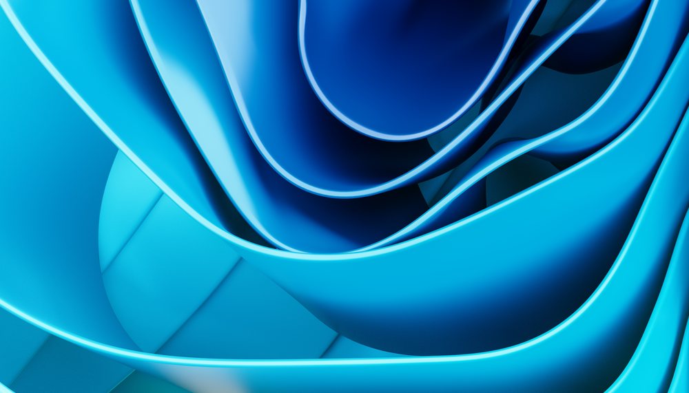Abstract digital art showing smooth blue curved ribbons forming layered flowing shapes, abstract render background.