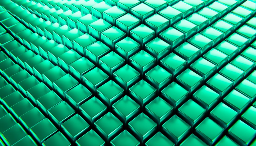 Abstract geometric green cubes form a reflective 3D rendered pattern creating a futuristic digital art background.