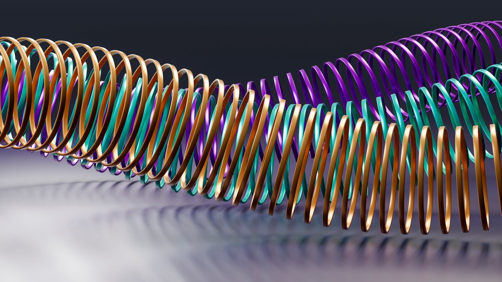 Intertwined metallic spiral coils in purple, gold, and teal colors form a dynamic wave shape with reflective surfaces.
